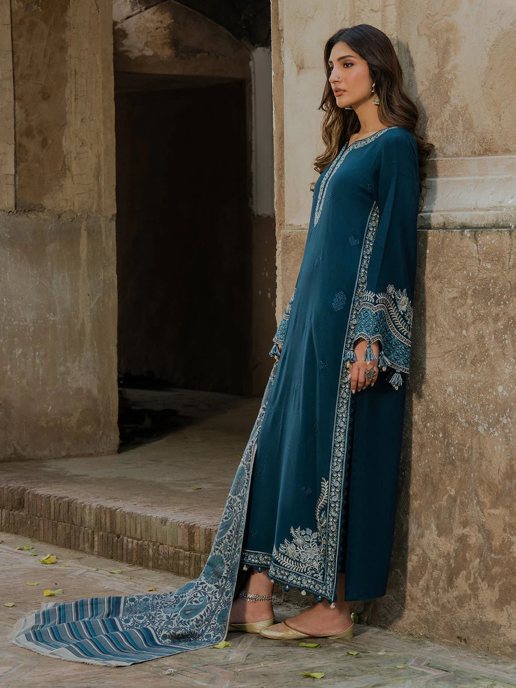 3PC DHANAK EMBROIDERED SHIRT WITH COURTRAI PRINTED SHAWL & TROUSER