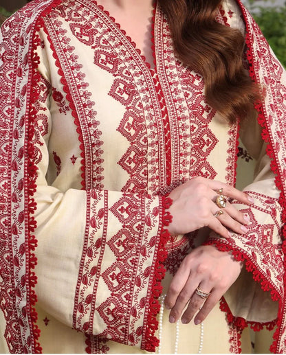 3PC DHANAK EMBROIDERED SHIRT WITH DHANAK EMB SHAWL AND TROUSER DN-2008