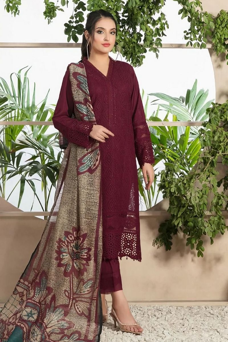 LUXURY DHANAK STUFF 3 PIECE FULL CHIKEN KARI EMBROIDERED SUIT WITH MONAR PRINTED DUPATTA EXTRA EMBROIDERED PATCHES