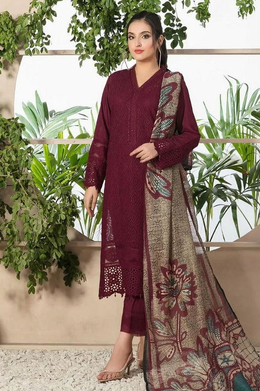 LUXURY DHANAK STUFF 3 PIECE FULL CHIKEN KARI EMBROIDERED SUIT WITH MONAR PRINTED DUPATTA EXTRA EMBROIDERED PATCHES