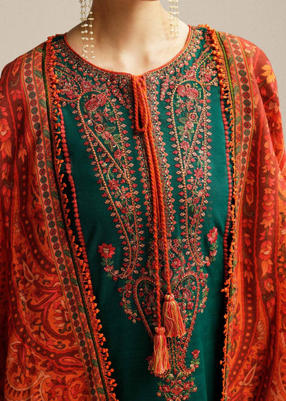 ZAIB-3PC DHANAK EMBROIDERED SHIRT WITH DHANAK EMBROIDERED SHAWL AND TROUSER-BIC-5031