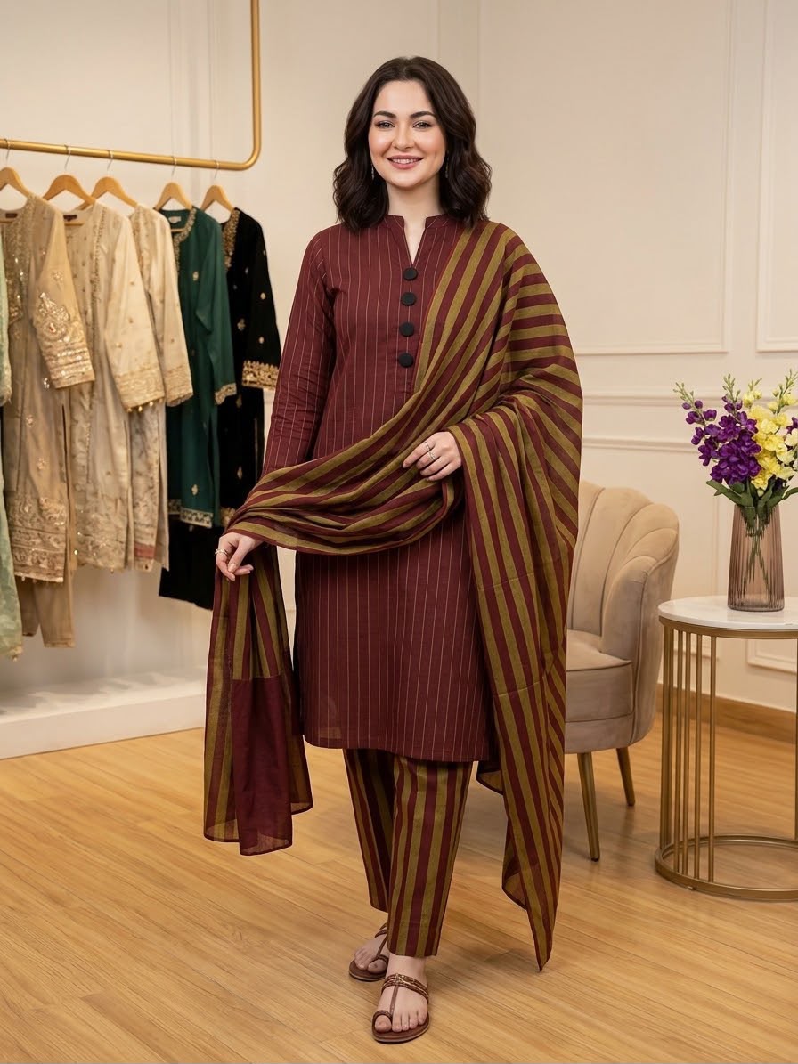 Marina Winter Multani  Susi 3 PCS Suit - Mehroon Golden