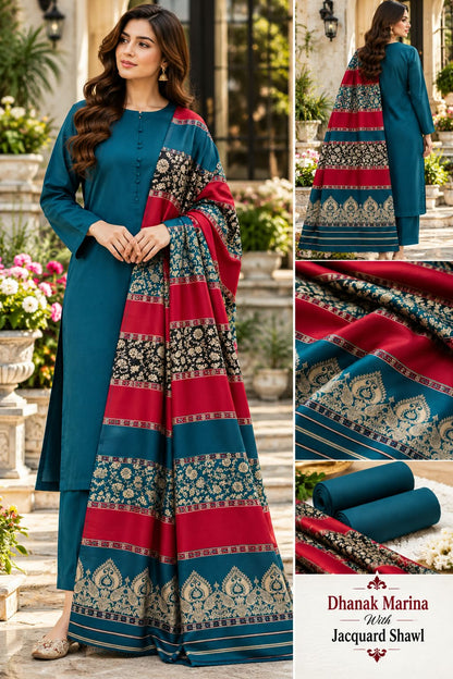 DHANAK MARINA 3PC WITH JACQUARD PASHMINA WOOL SHAWL