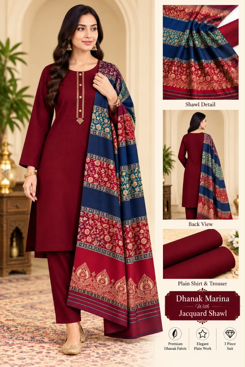 DHANAK MARINA 3PC WITH JACQUARD PASHMINA WOOL SHAWL