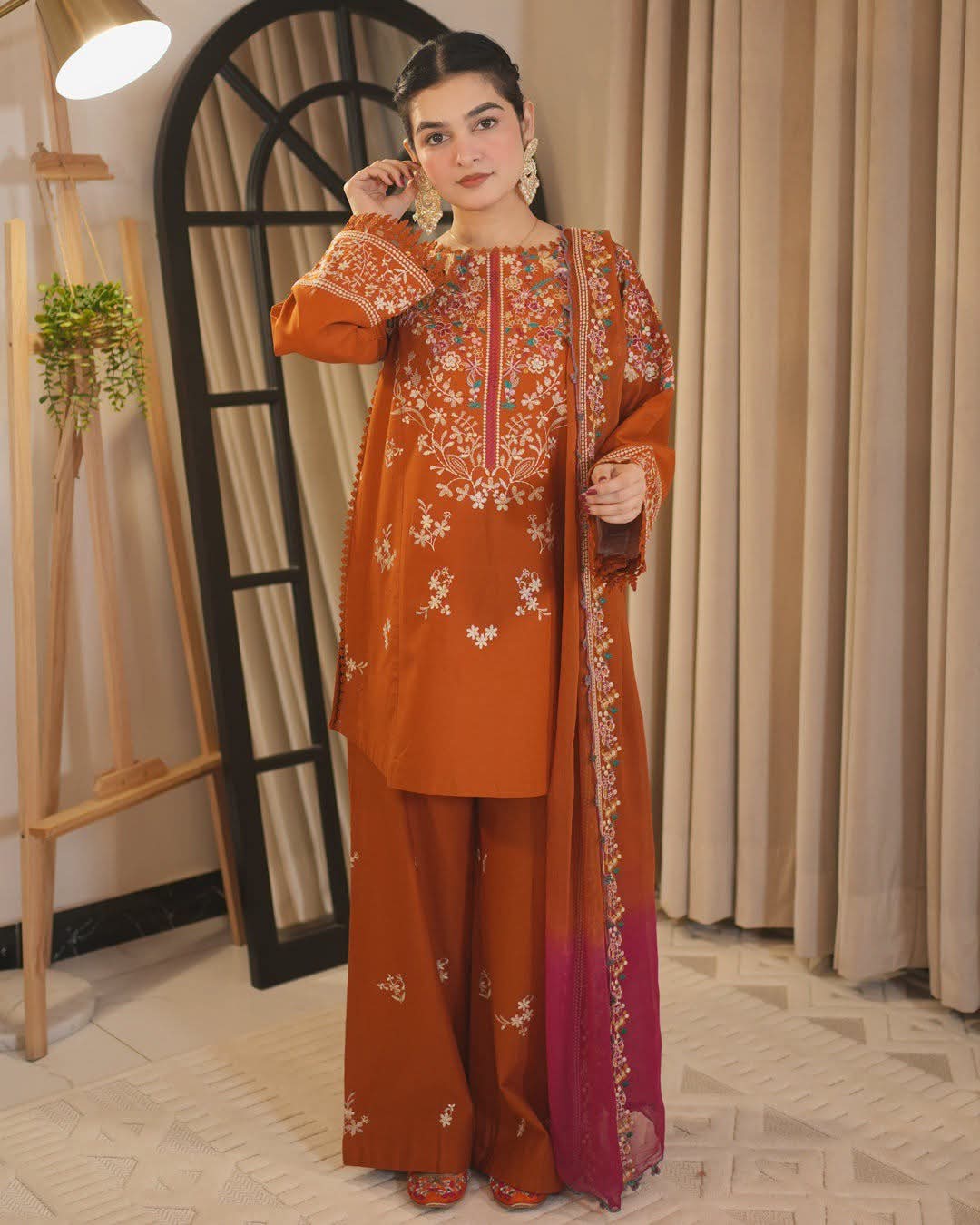 3PC DHANAK EMBROIDERED SHIRT WITH  EMBROIDERED TROUSER